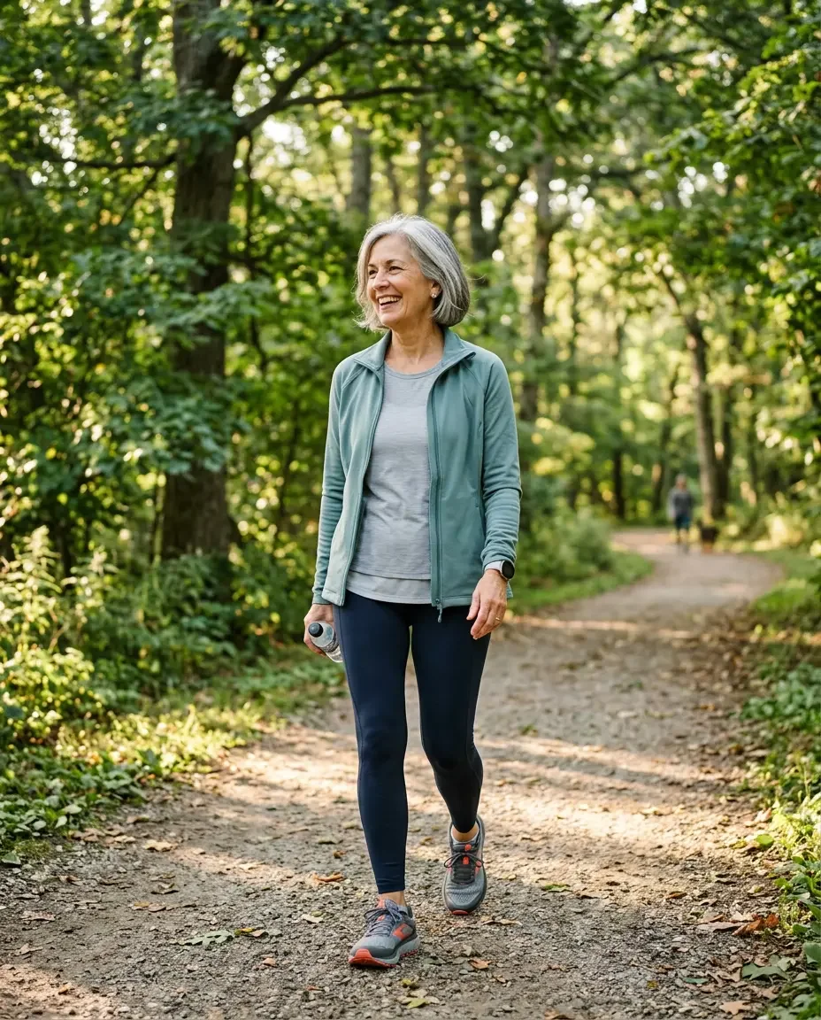 Active older woman walking outdoors representing the role of physical exercise in cognitive health and healthy aging at Ms.Medicine