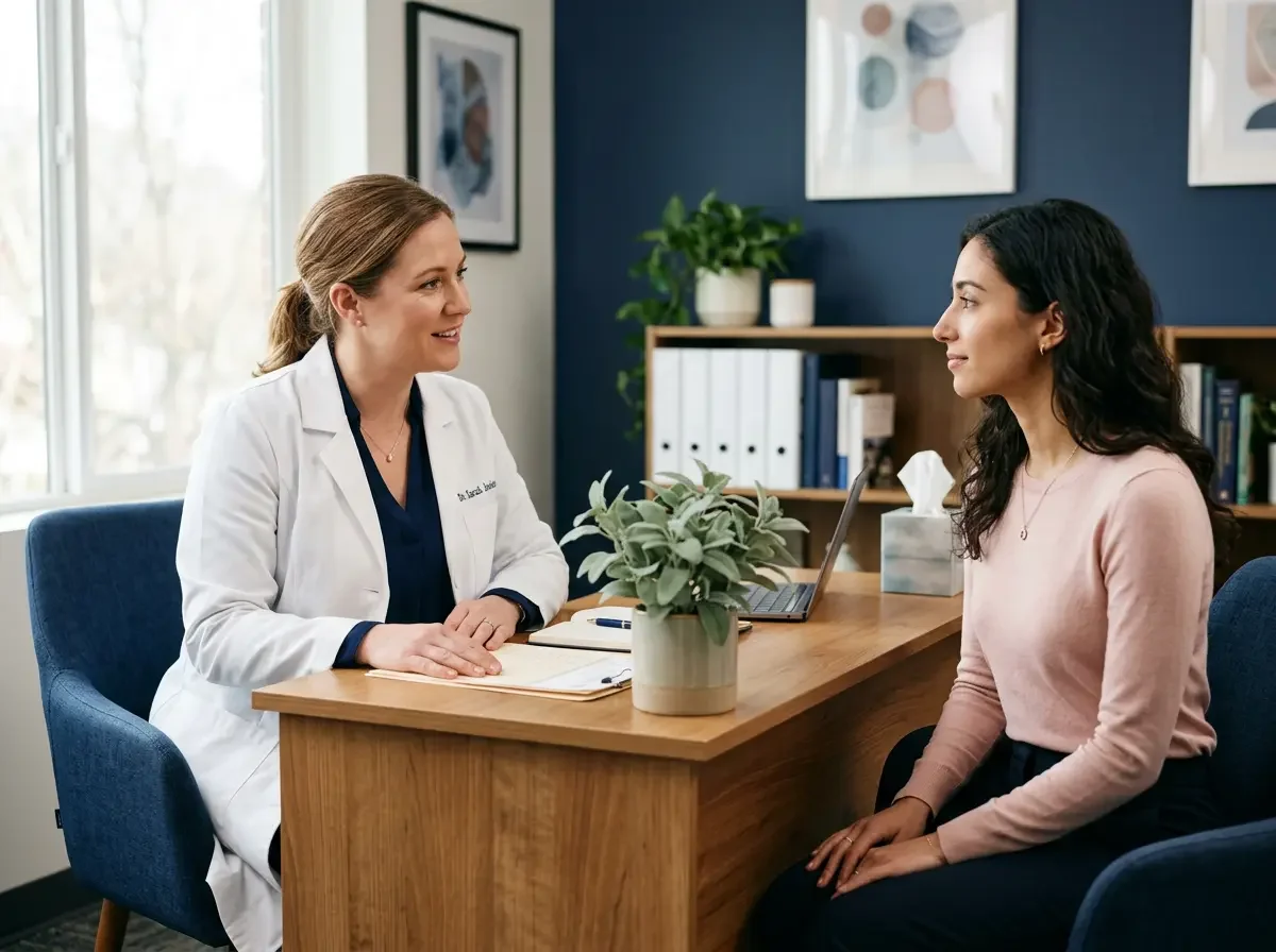 Female physician in a supportive, private consultation with a young patient, representing Ms.Medicine's expert guidance through STI testing, results, and women's sexual health care