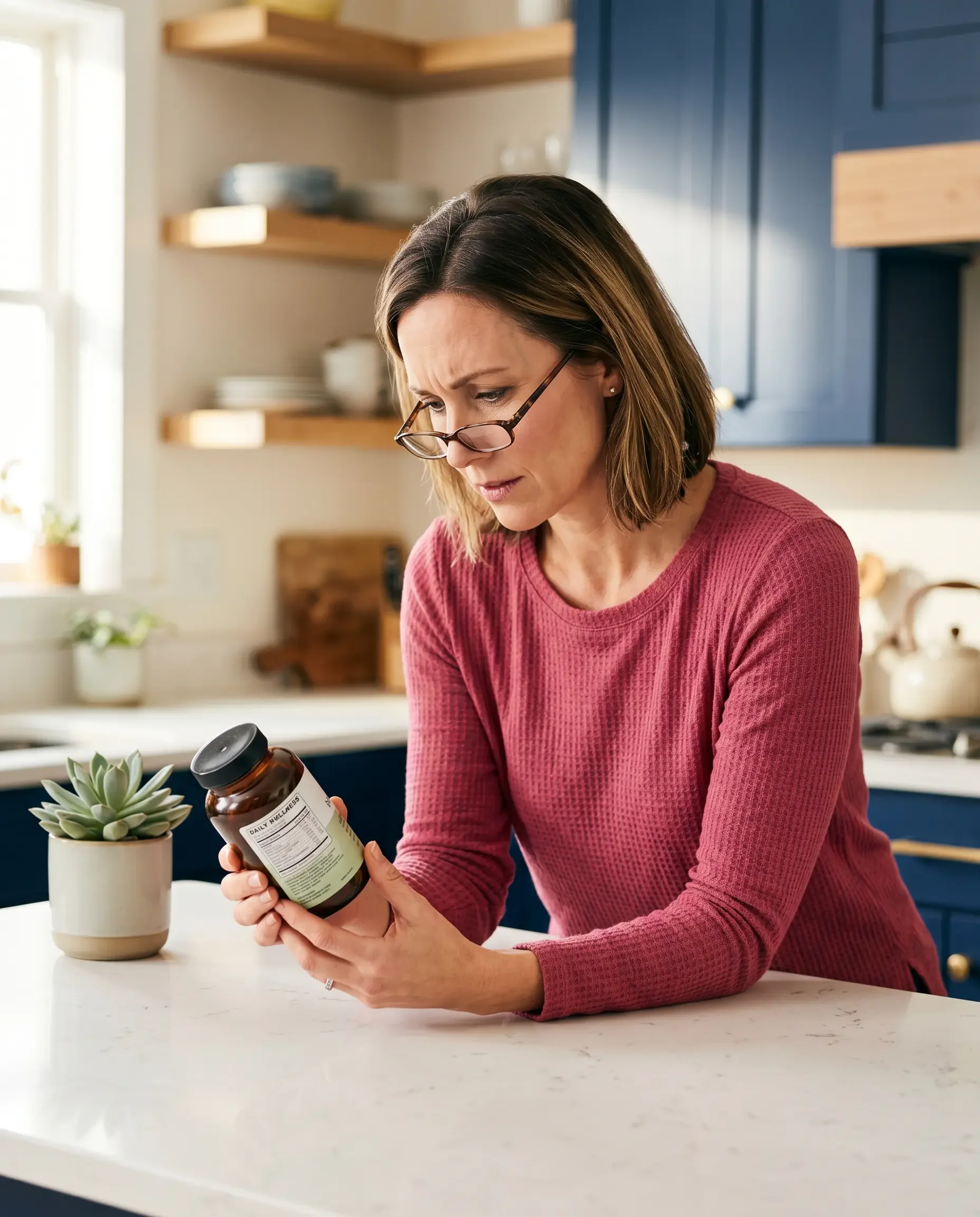 Woman reading the label on a natural supplement, representing the gap between "natural" and "safe" or "effective" that women navigating sexual wellness products need to understand