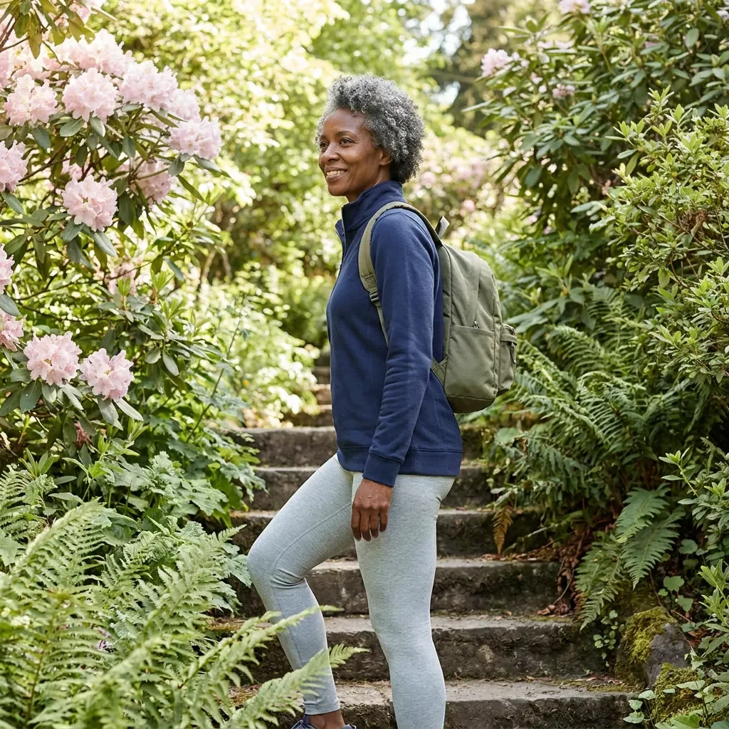 Bone health for women: woman with a backpack climbs stone garden steps, a weight-bearing exercise for strong bones