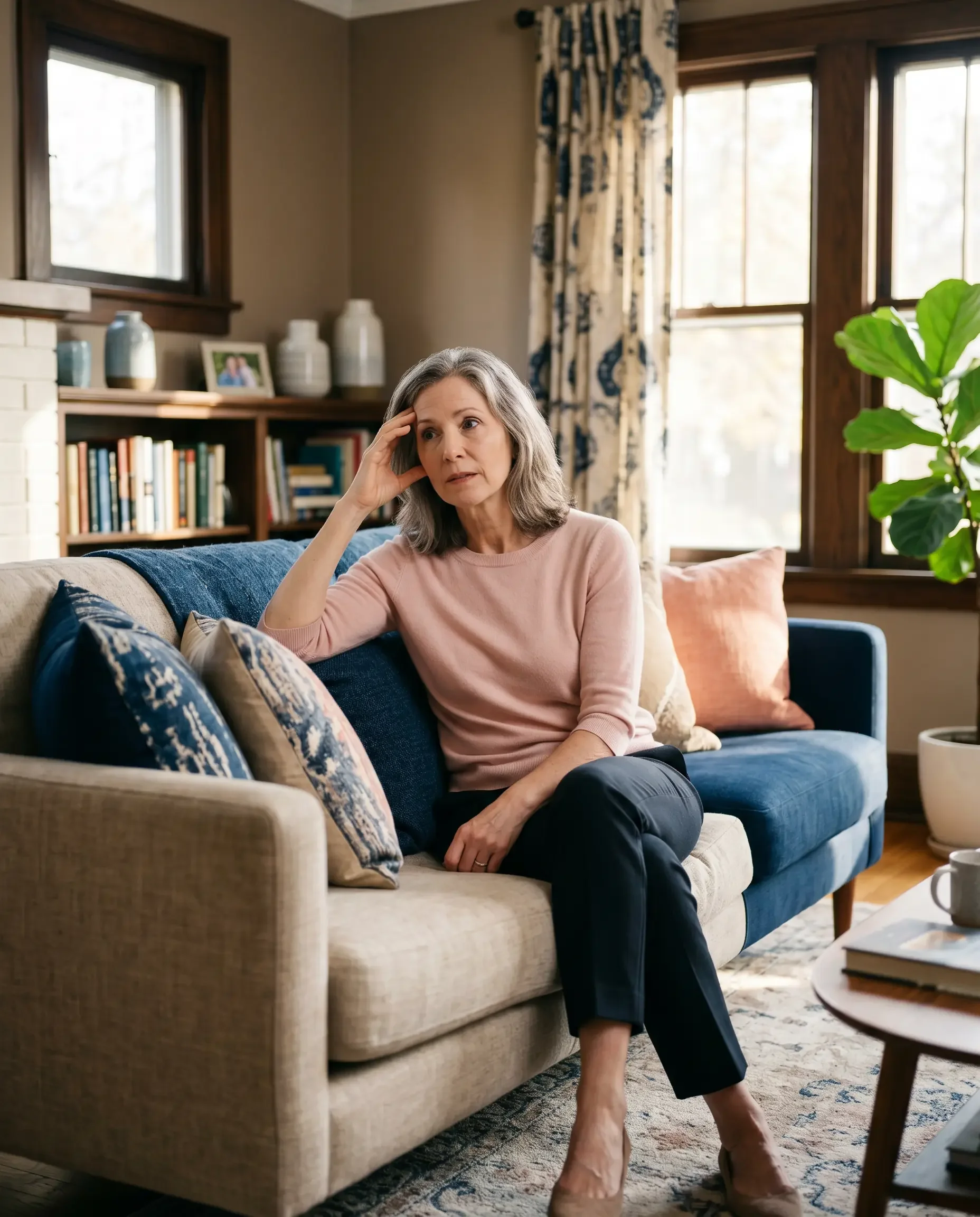 Woman sitting on a couch with a hand to her temple looking mildly disoriented, representing the less obvious stroke symptoms women experience that are more likely to go unrecognized
