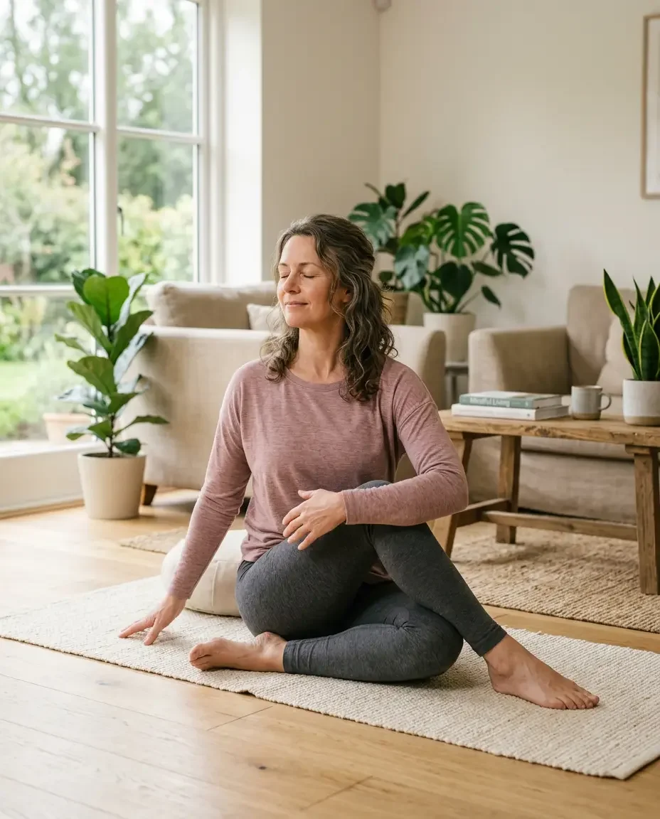 Woman practicing yoga representing lifestyle strategies for managing perimenopause symptoms and hormonal balance at Ms.Medicine.