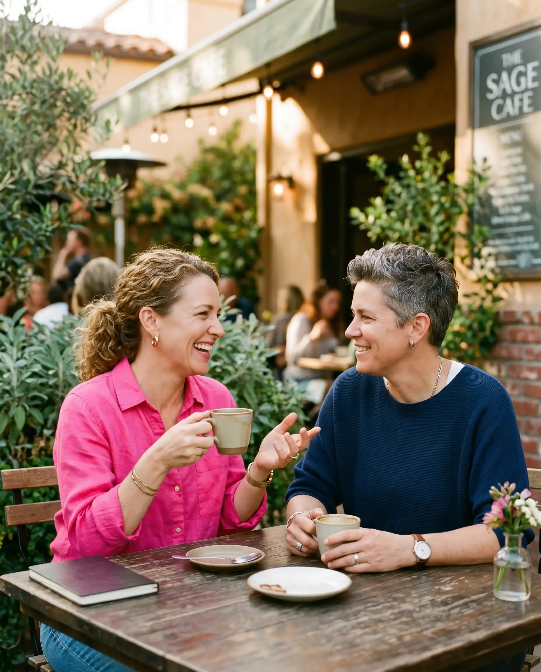 Two queer adults in easy, warm conversation outdoors, representing the community and peer support that makes navigating LGBTQ+ menopause easier — alongside Ms.Medicine's affirming clinical care