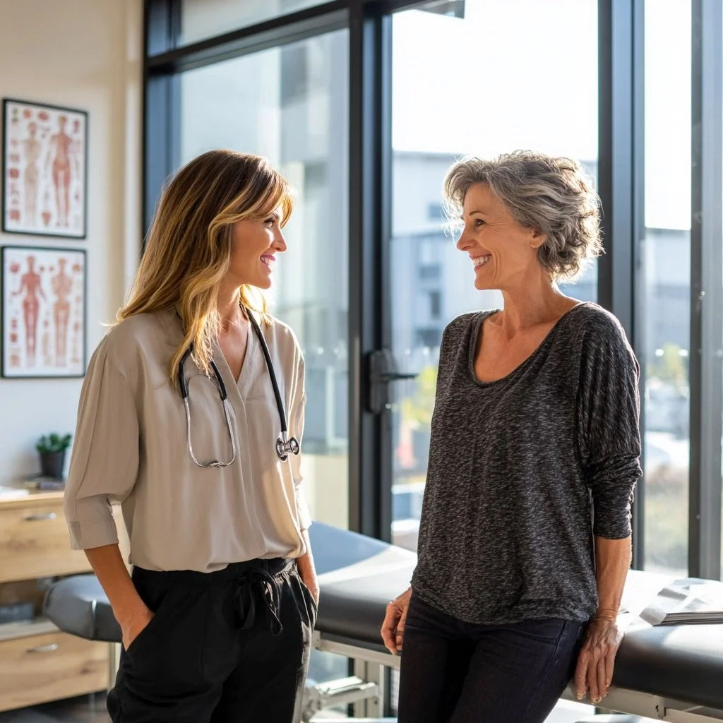 confident woman in her 60s having a relaxed, attentive conversation with a compassionate female doctor inside a bright, modern medical office