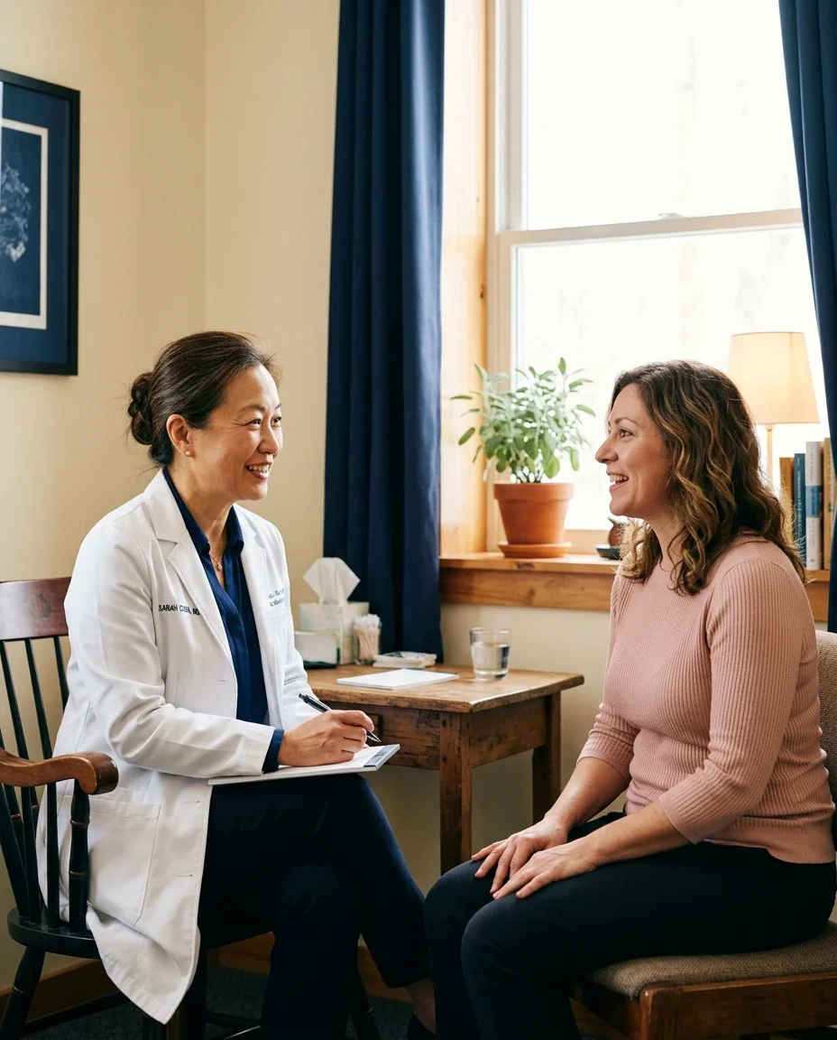 Female physician consulting with a woman patient about sexual health and relationship support, representing Ms.Medicine's comprehensive approach to women's care