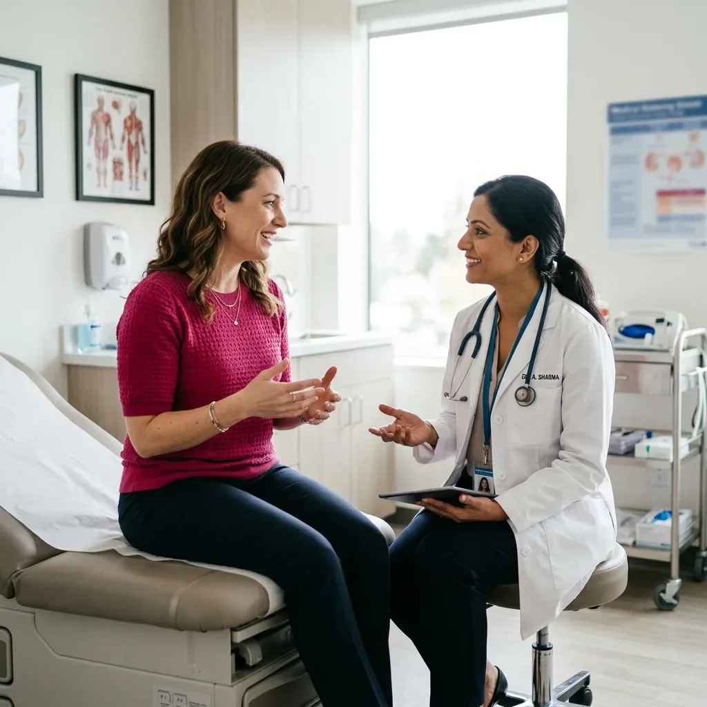 Woman discussing vaginal health with Ms.Medicine provider — infection and cycle care