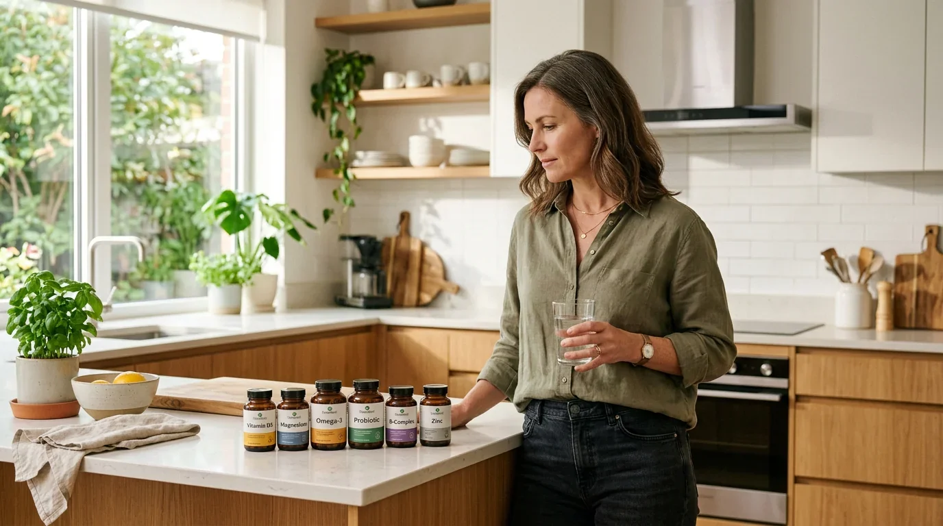 Woman in her 40s evaluating supplements representing evidence-based women's health guidance at Ms.Medicine