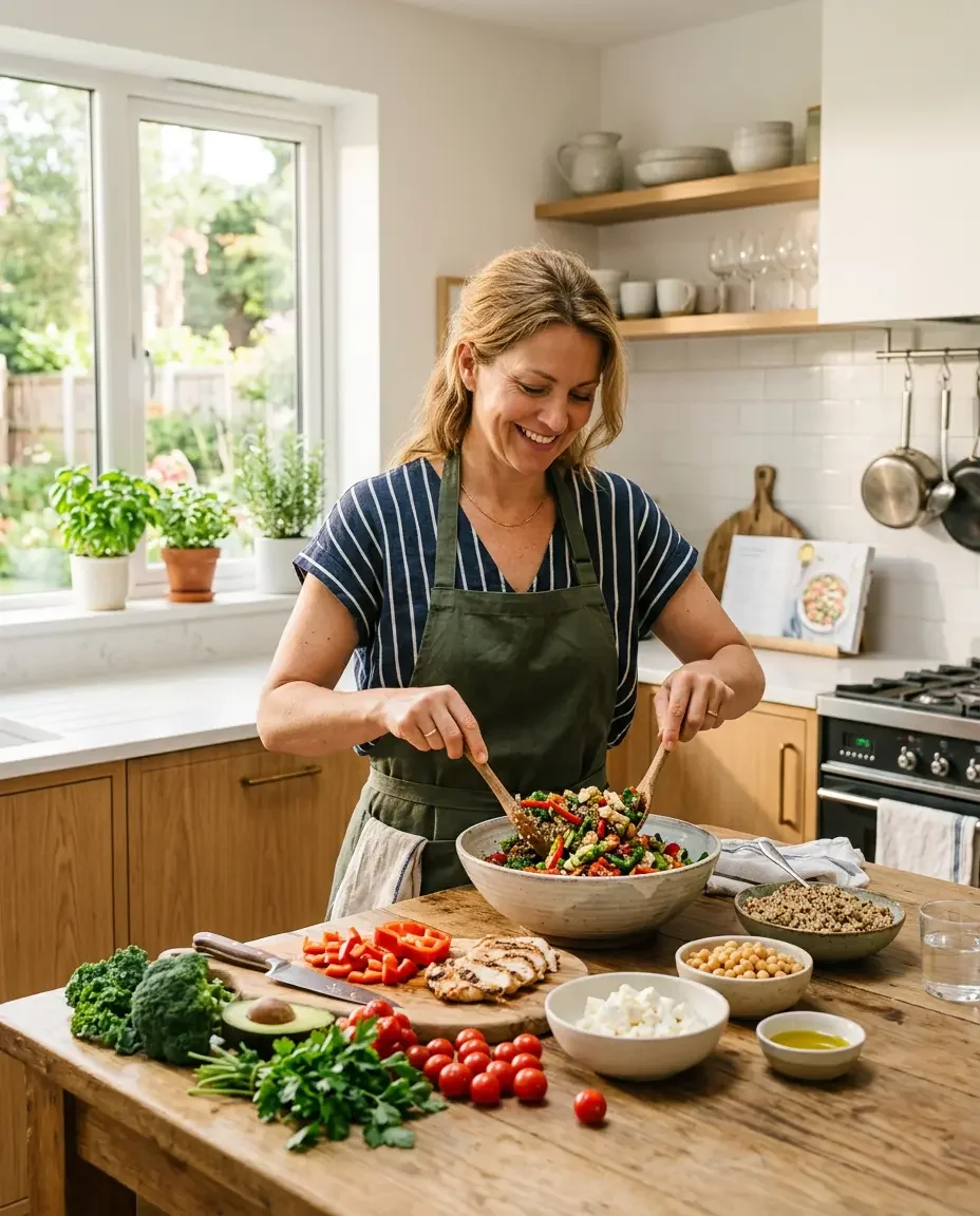 Woman preparing a nutrient-rich meal representing the role of iron protein and vitamins in supporting female hair health at Ms.Medicine
