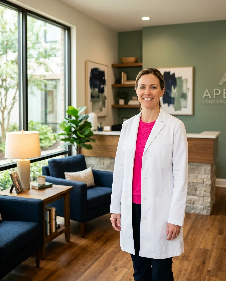 Female physician standing confidently in a concierge practice setting, representing the professional future that women's health concierge medicine offers through the Ms.Medicine network