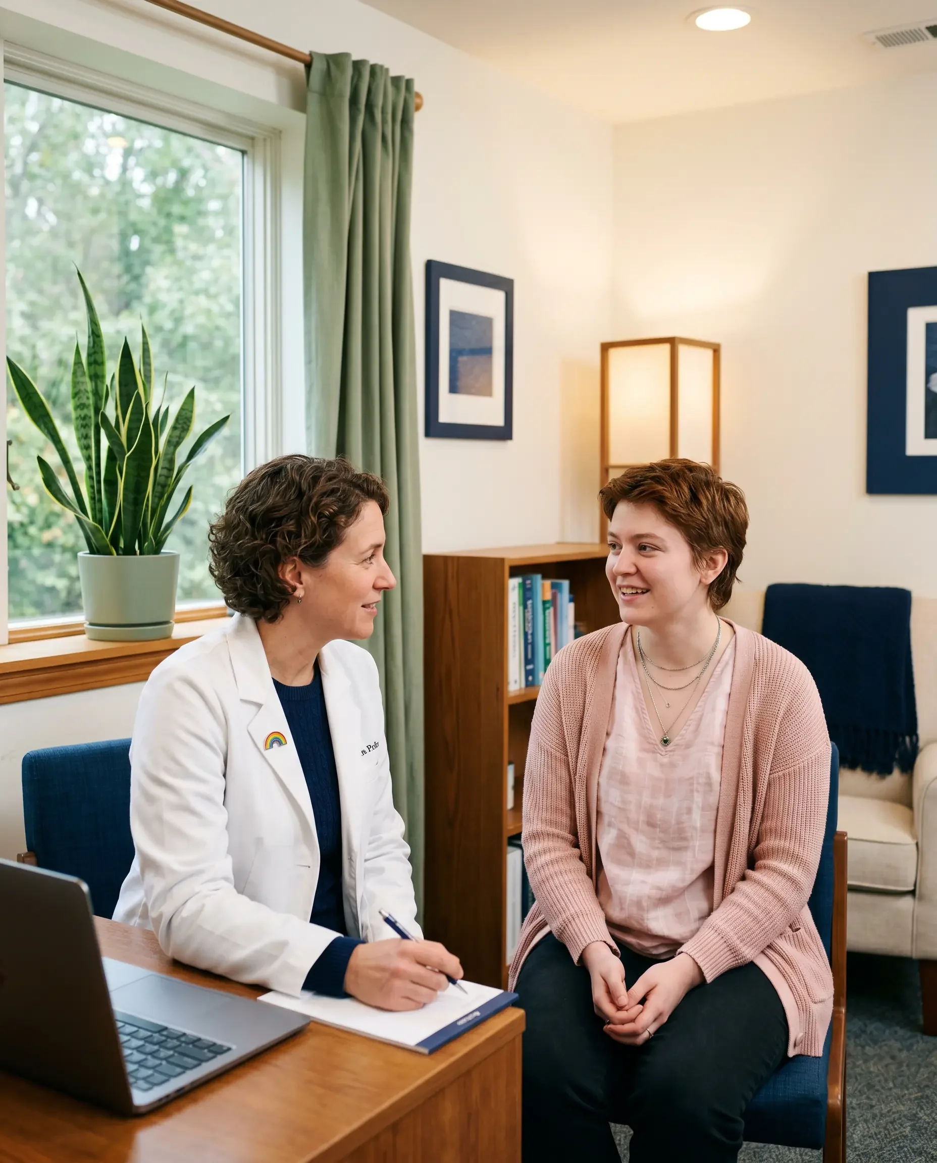 Female physician with a pride pin in an open, inclusive consultation with a gender-nonconforming patient, representing the clinical value of care that accounts for minority stress and the whole patient