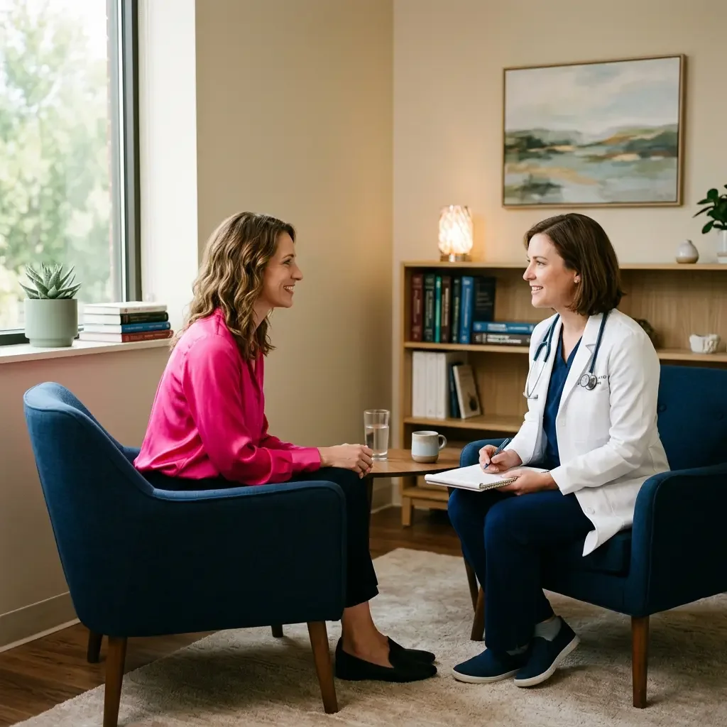 Woman in unhurried PMOS care consultation — Ms.Medicine on finding a provider who sees the whole clinical picture