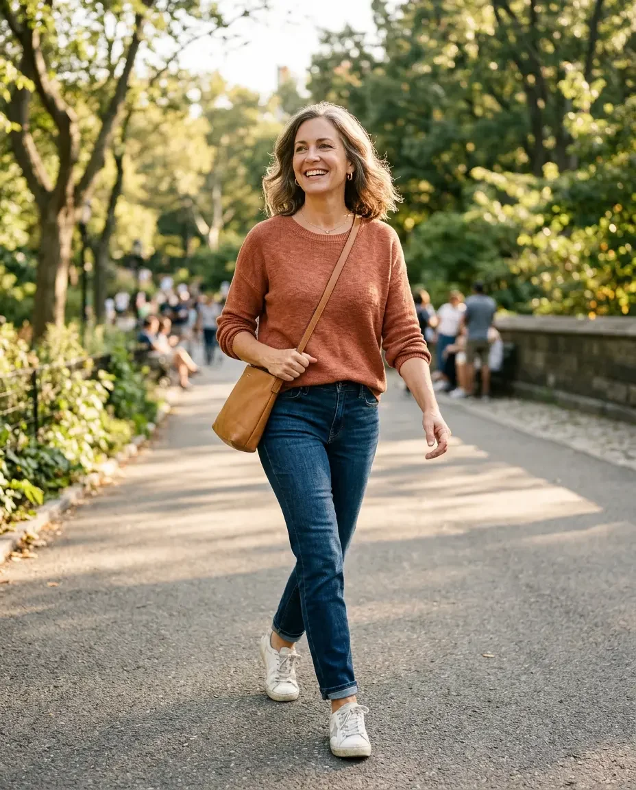 Confident woman in her late 40s outdoors representing personalized hormonal health care and midlife wellness