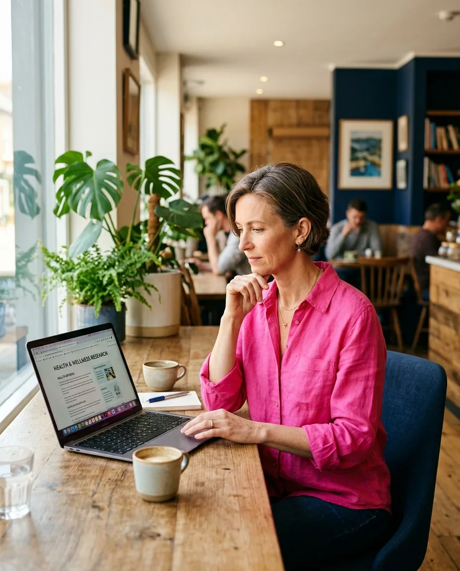 Midlife woman actively researching her healthcare options at a café, representing the growing demand from women who are done accepting inadequate care and are looking for something better