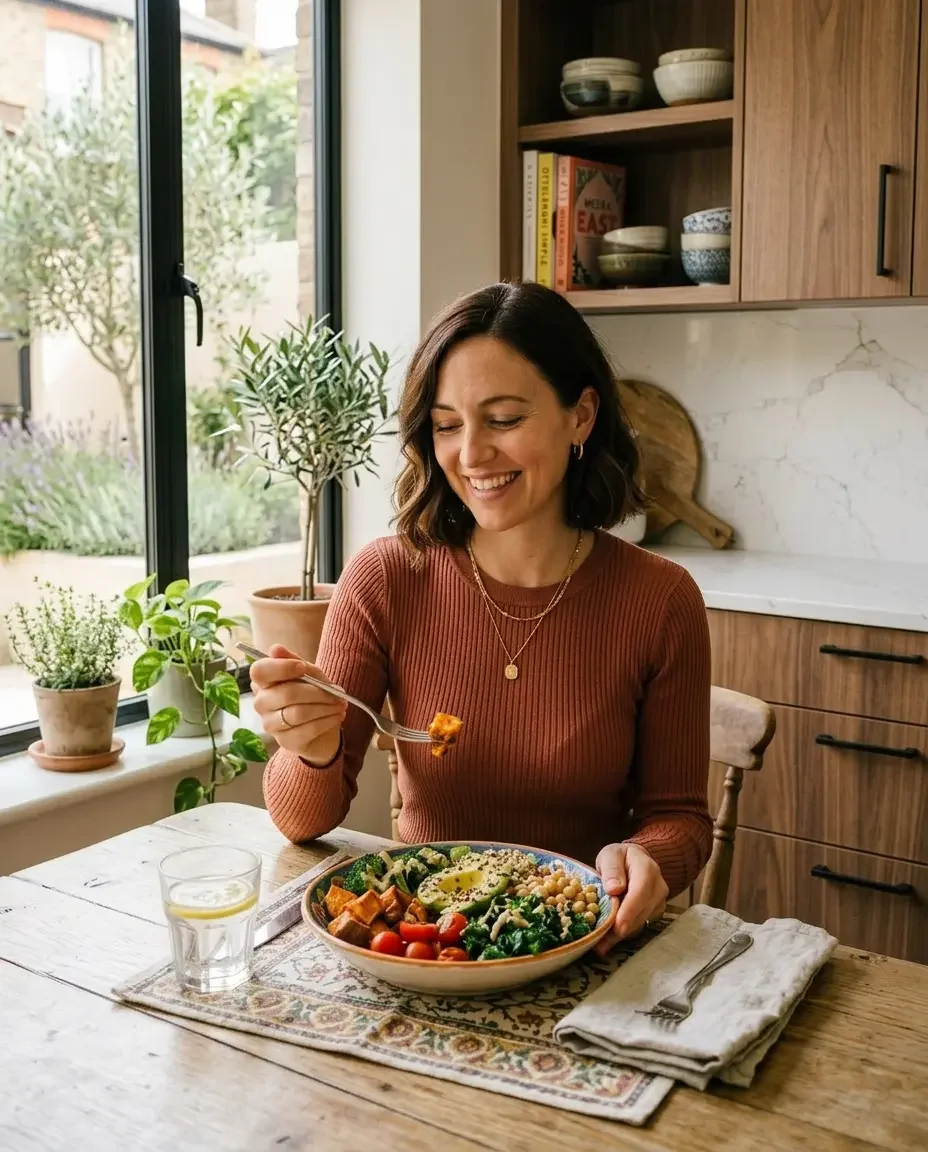 Woman eating a nutrient-rich meal representing the role of iron calcium and vitamin D in women's health and supplement needs