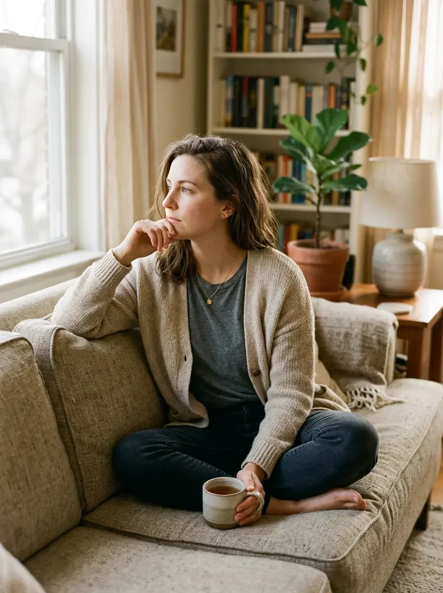 Woman in her 30s reflecting on PCOS symptoms representing the hormonal and metabolic cycle of insulin resistance