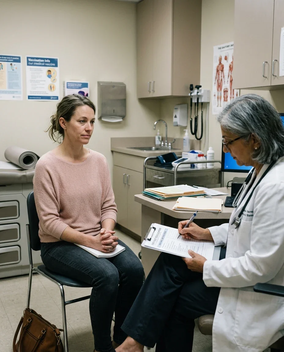 Woman in a clinical appointment holding back a question, representing the gap between women's sexual health concerns and what gets discussed with providers