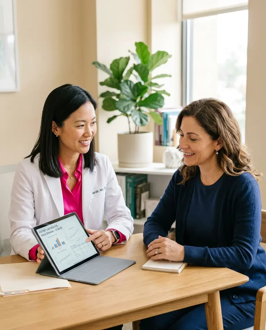 Physician reviewing fasting insulin and metabolic lab results with a patient