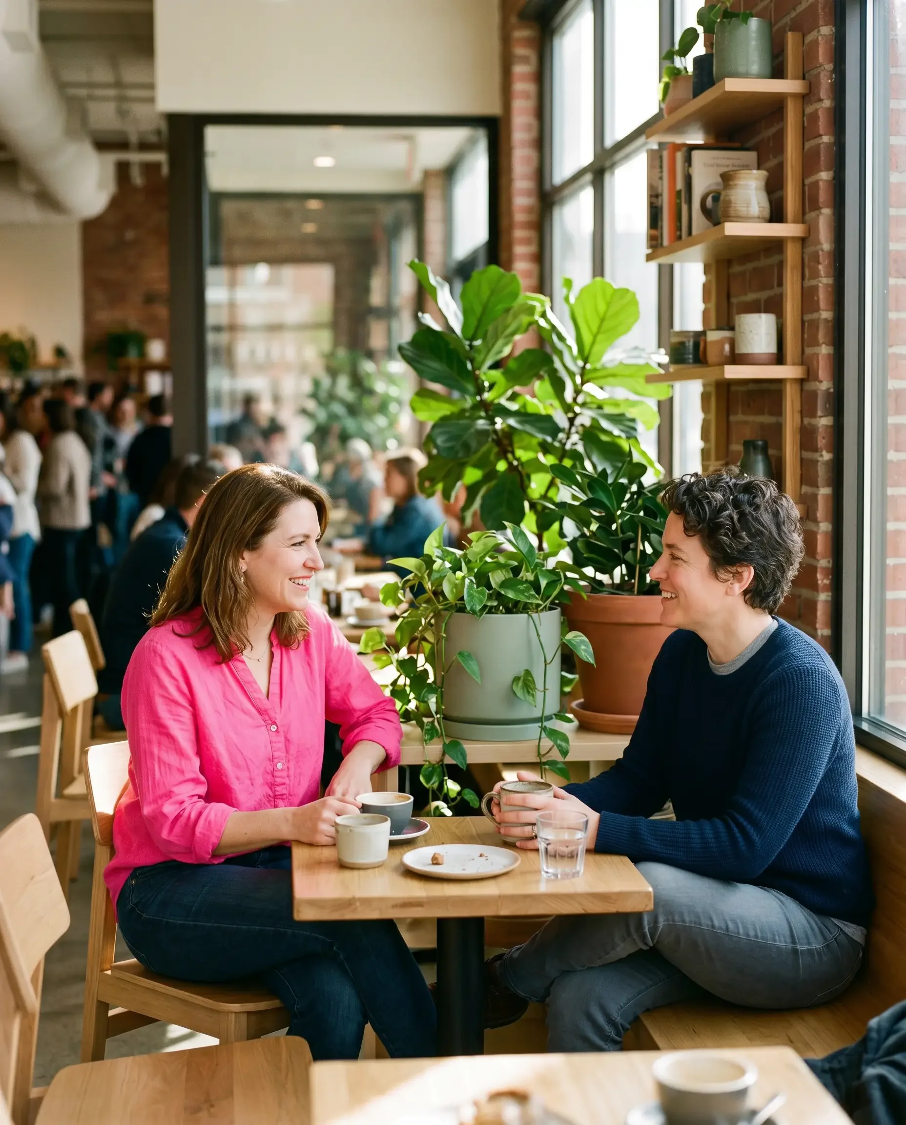 Two women in easy, trusting conversation in a warm public space, representing the standard of inclusive care Ms.Medicine holds — where every patient's whole life is part of the clinical picture