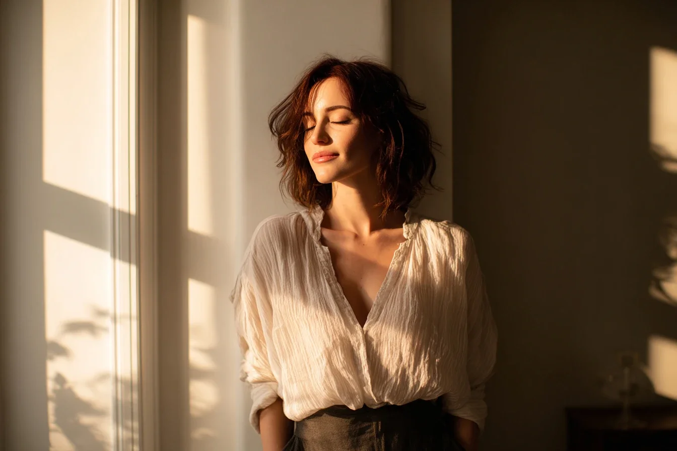 Woman with short brown hair in a white blouse stands by a sunlit window, eyes closed, with warm sunlight casting shadows on the wall.