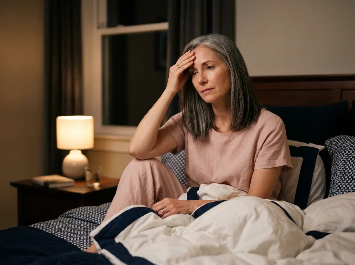 Woman managing hot flashes from treatment-induced menopause at night
