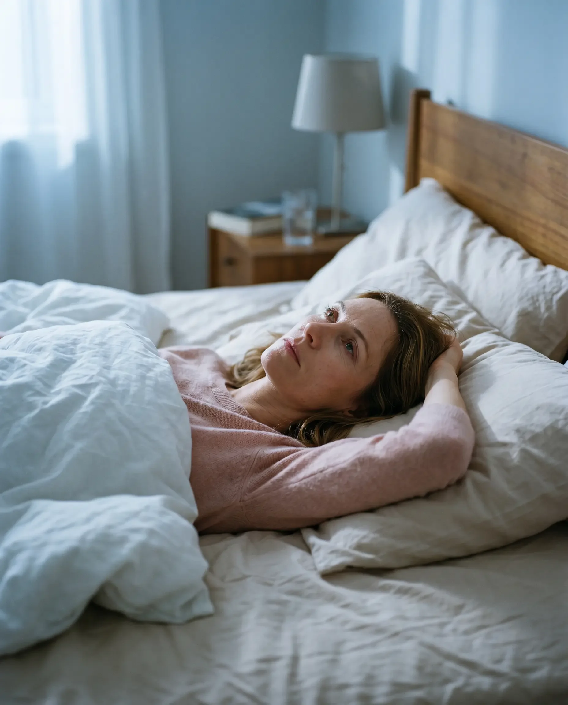 Woman lying awake in bed in the early morning, representing the hormonal sleep disruption — night sweats, hot flashes, and disrupted REM sleep — that perimenopause and menopause cause