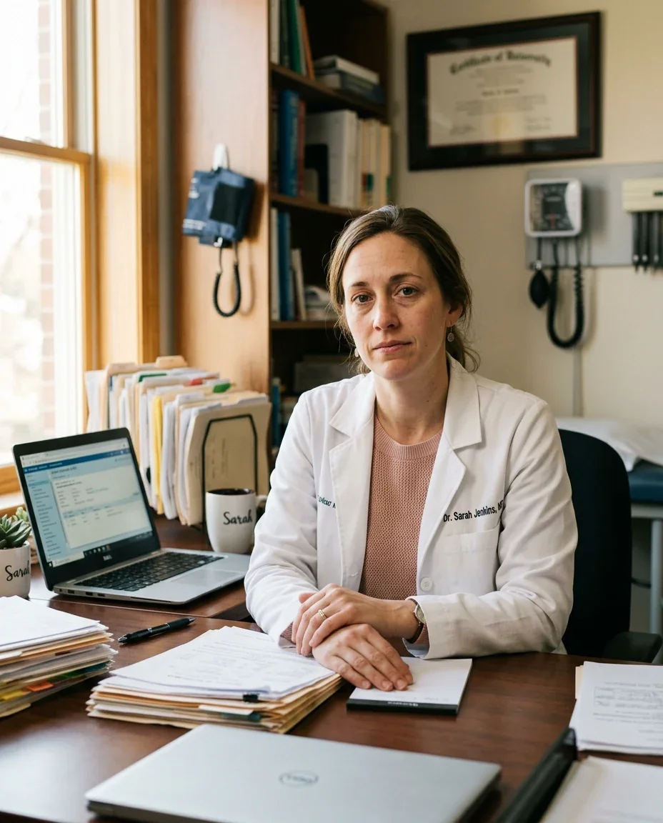 Female physician at her desk looking fatigued, representing the disproportionate rate at which women physicians are leaving clinical practice early
