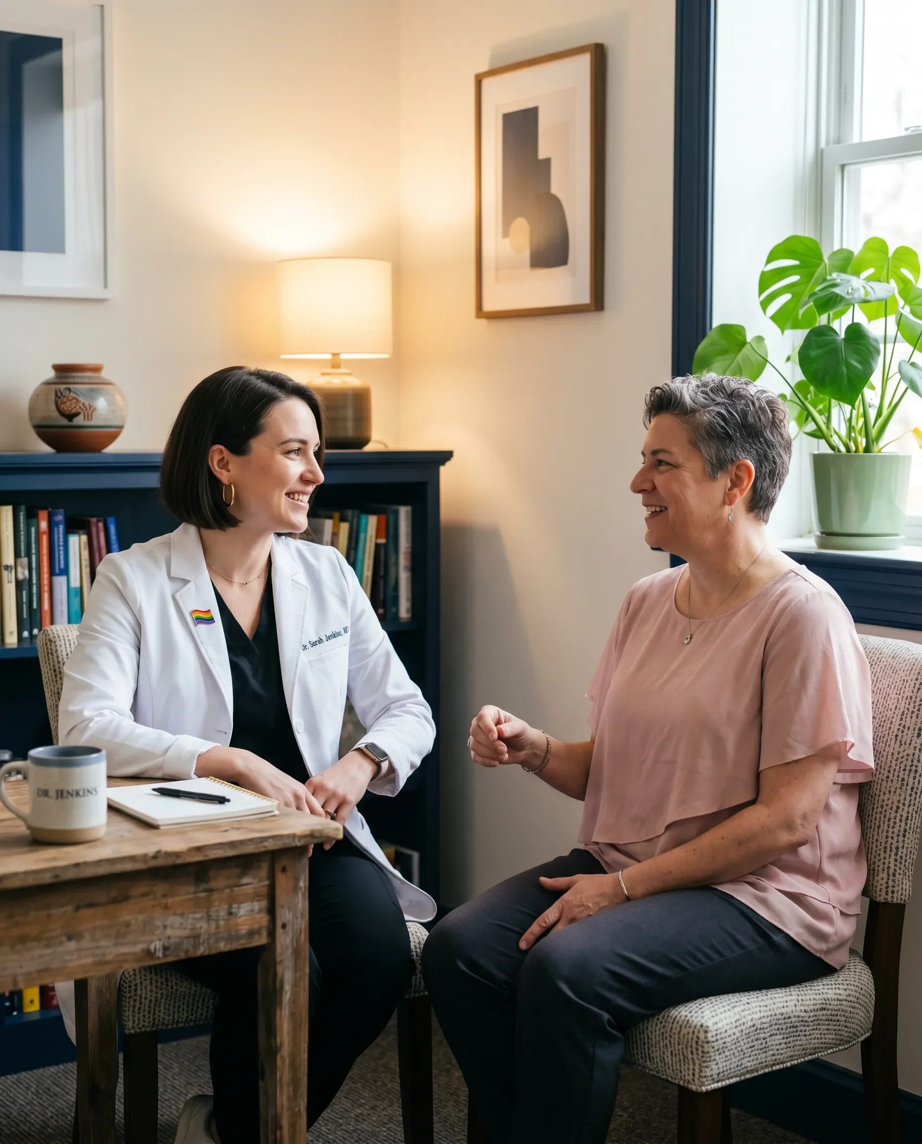 Gender-nonconforming patient in a standard medical waiting room, representing the healthcare system LGBTQ+ adults navigate that wasn't designed with their identities in mind