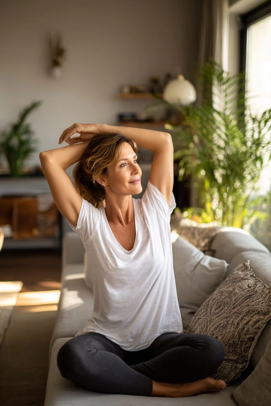 Woman doing a gentle yoga stretch in a calm, sunlit living room, representing sustainable movement and realistic health goals for the new year.