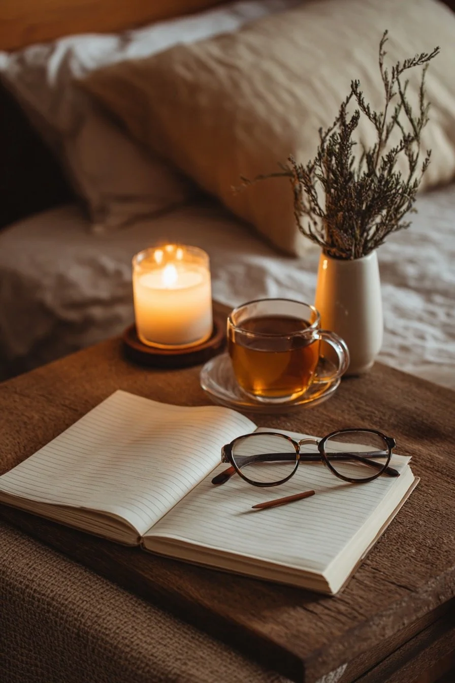 Flat lay of a nightstand with a sleep journal, herbal tea, and soft lamp light, symbolizing restful routines and intentional self-care.