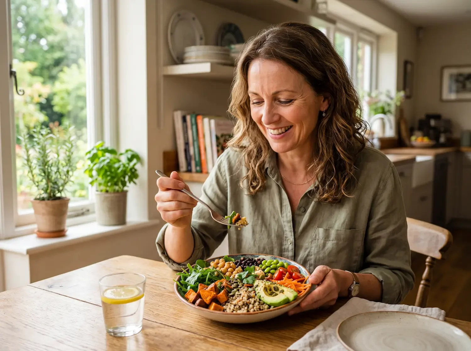 Woman enjoying a plant-based grain bowl representing steady energy and digestive benefits of plant-based nutrition for women