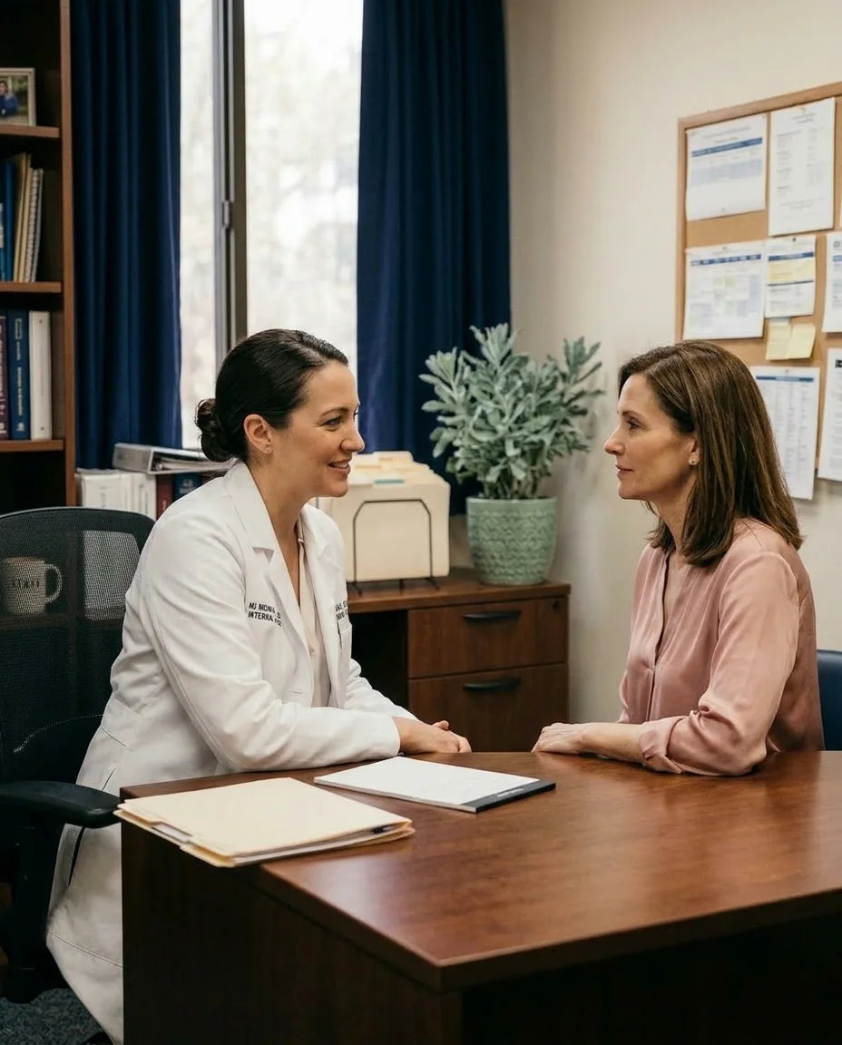 emale concierge physician in an unhurried patient consultation, representing the return to purpose that physicians find when they leave traditional medicine for the Ms.Medicine concierge model