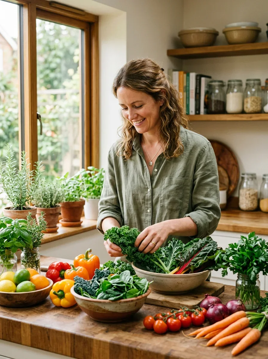 Woman arranging fresh produce on a bright kitchen counter — spring clean eating and nutrition tips from Ms.Medicine