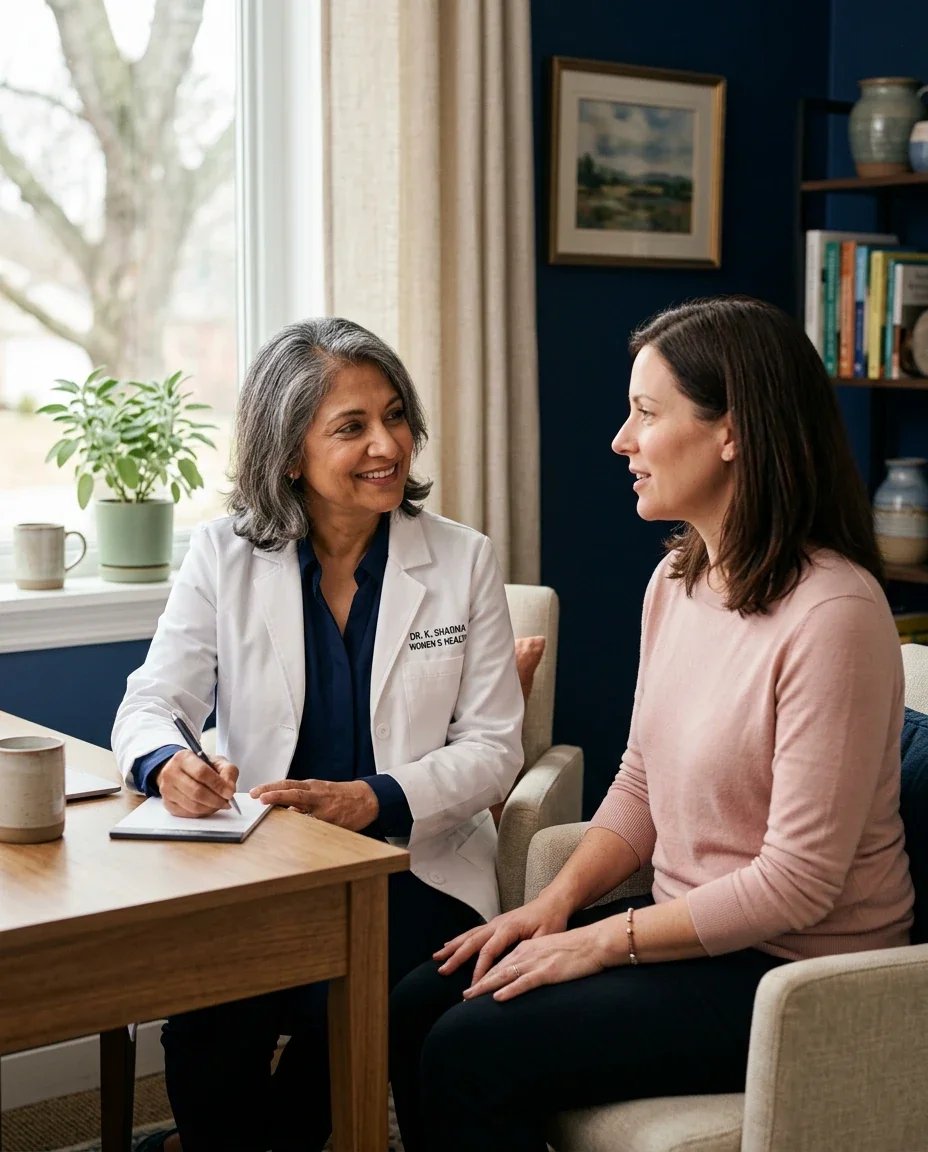 Female physician in an extended consultation with a patient, representing Ms.Medicine's comprehensive approach to women's annual care
