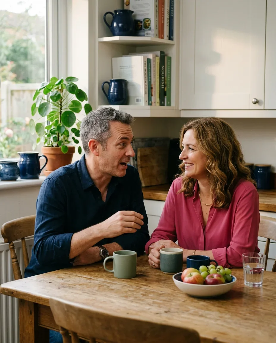 Couple having an honest conversation about sexual health at home, representing how to approach erectile dysfunction as a team with support from Ms.Medicine