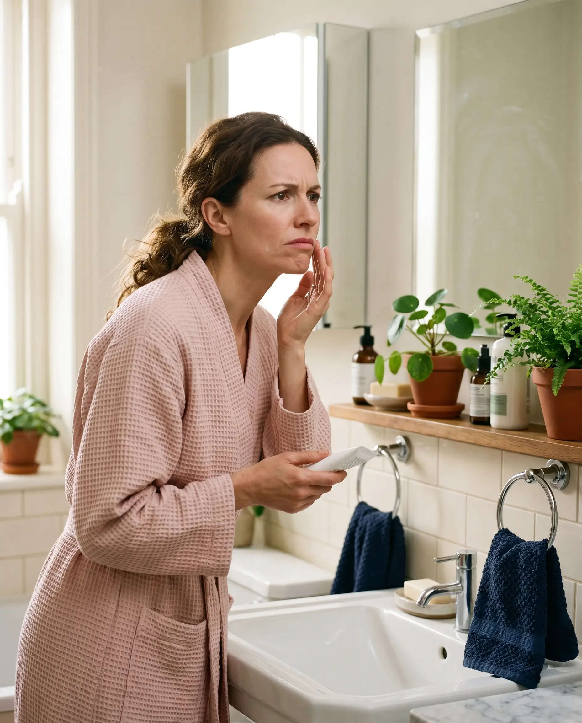 Woman applying skincare in a bathroom, representing the hormonal roots of midlife skin changes like dryness and adult acne that estrogen decline causes during perimenopause