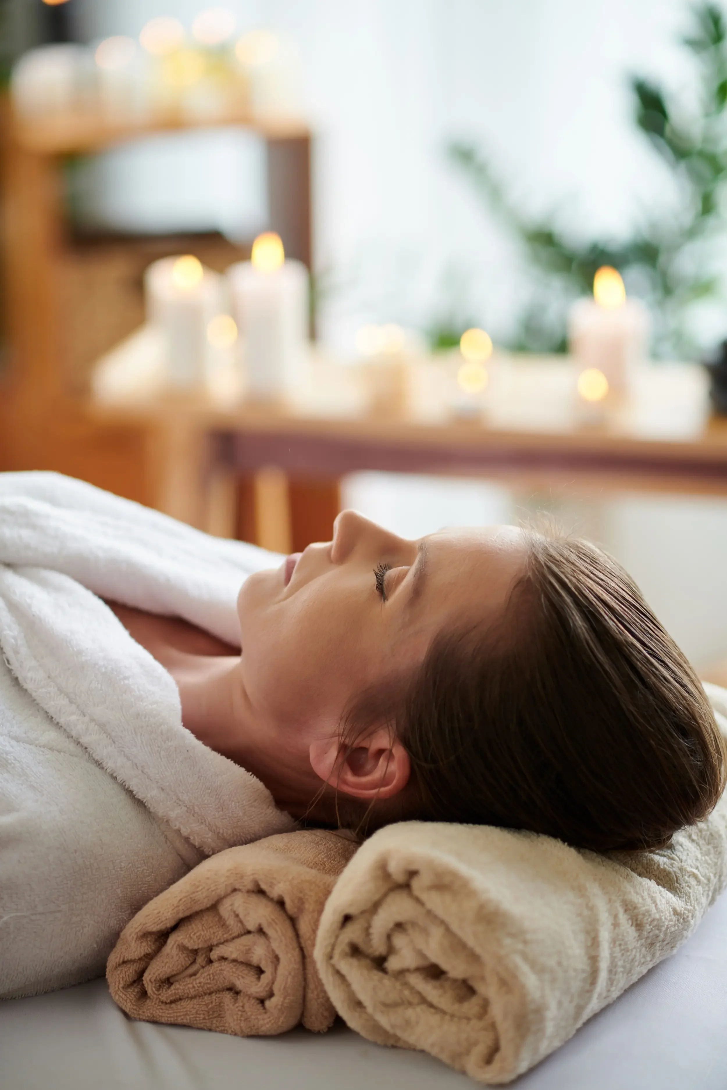 A woman relaxing after a spa treatment.