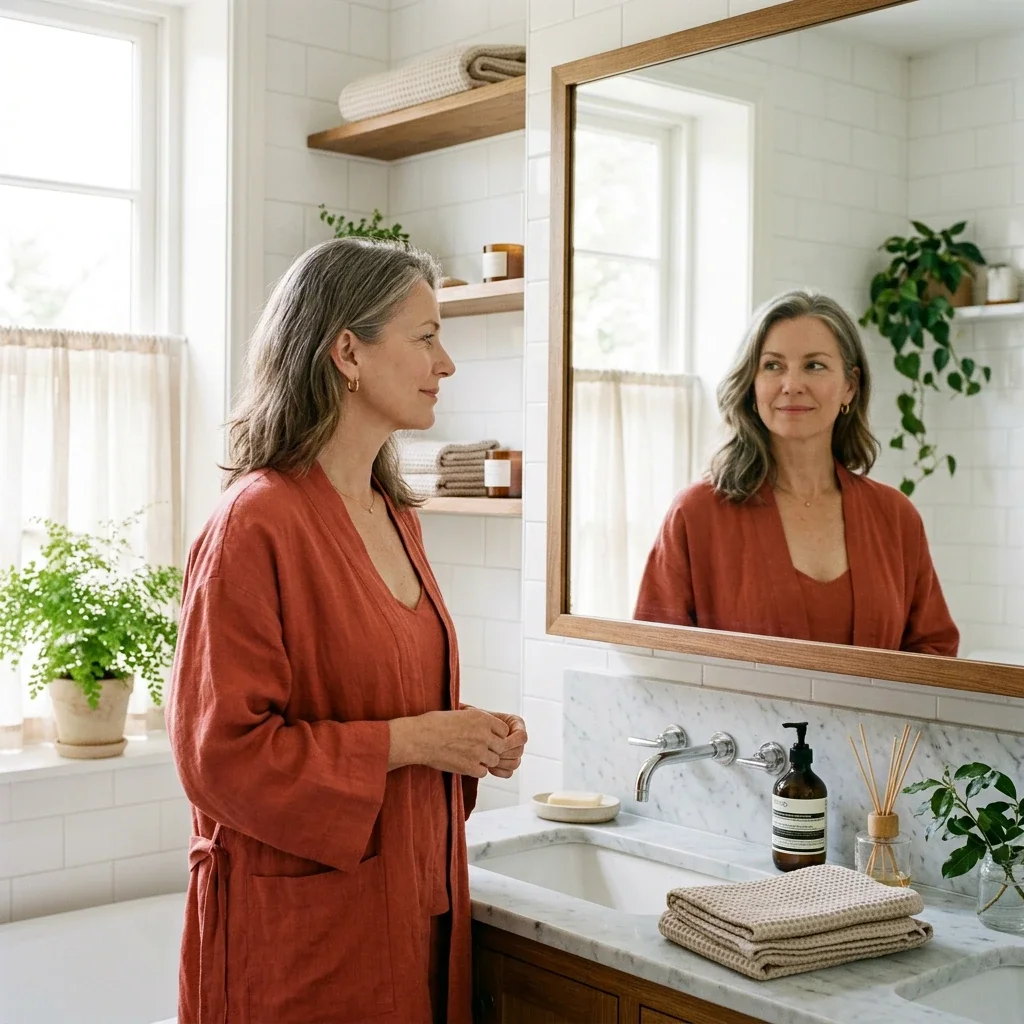 Woman in midlife in bathroom setting — GSM symptoms and Ms.Medicine sexual health treatment