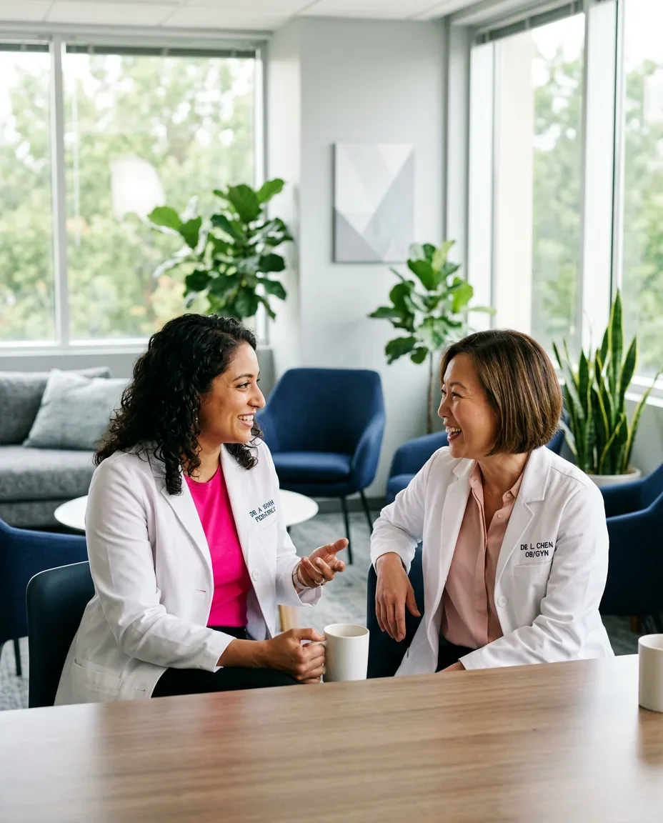 Two female physicians in energized conversation, representing the professional community and shared purpose physicians find through the Ms.Medicine concierge medicine network