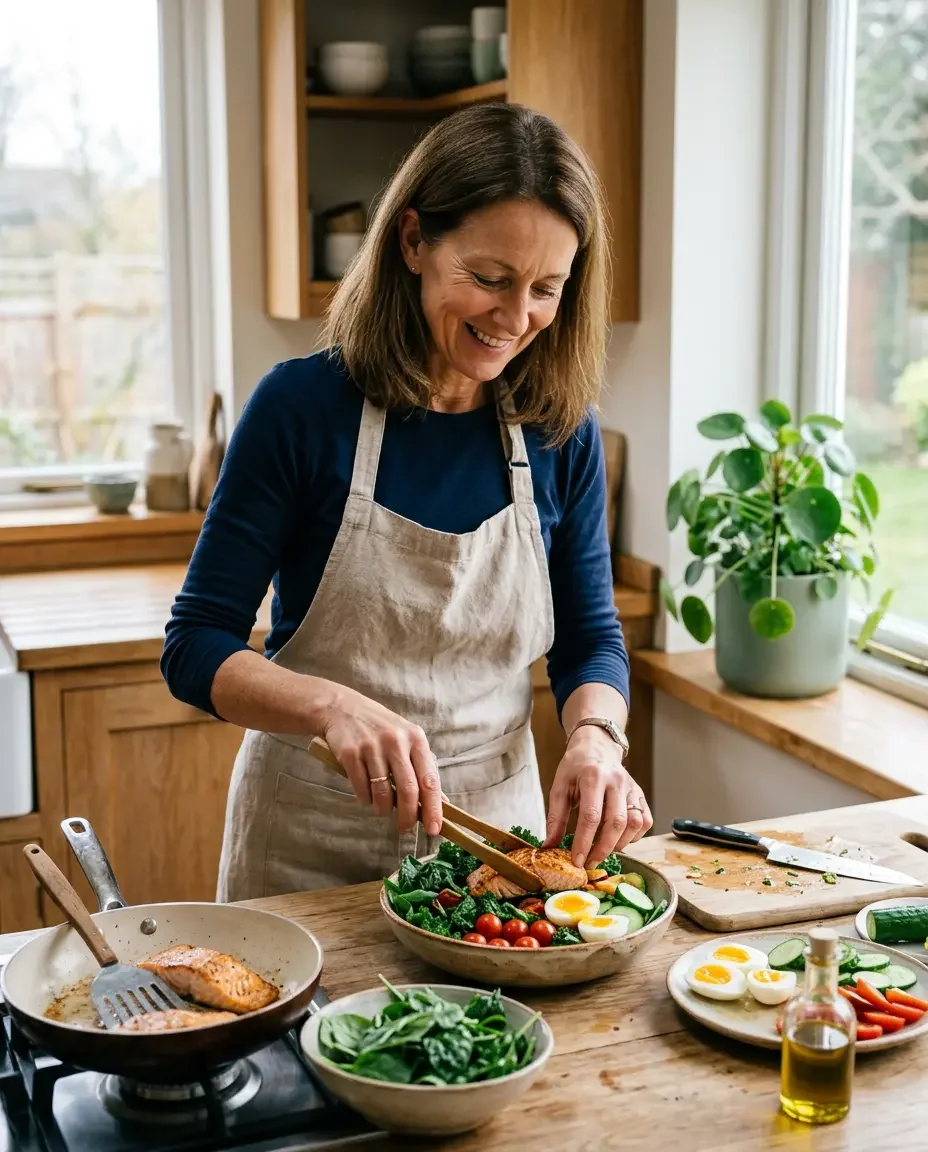 Woman preparing a protein and vitamin D rich meal to support bone health