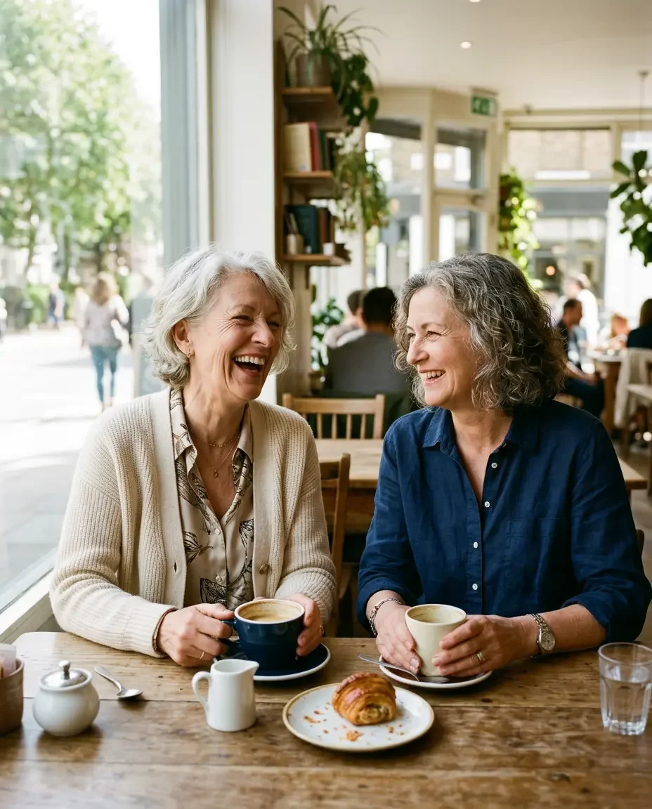 Two older women enjoying social connection representing the mental wellness and cognitive health benefits of staying socially engaged