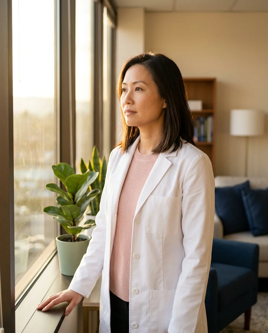 Female physician standing at a window in quiet reflection, representing the moral injury and structural pressures driving women physicians to consider leaving traditional medicine