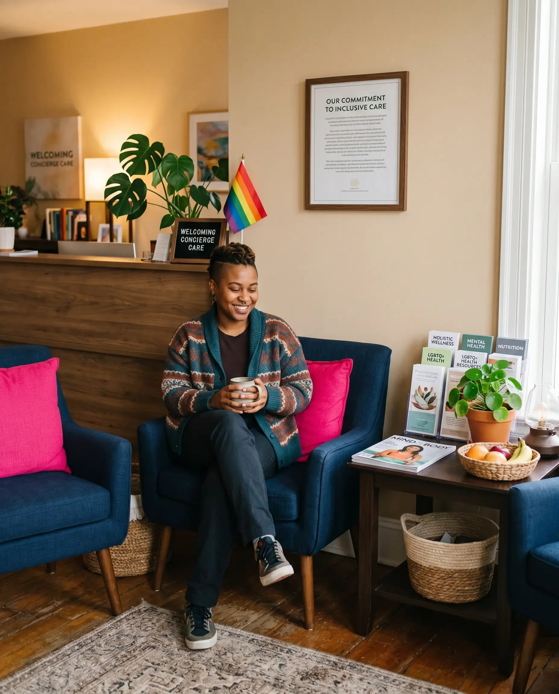 Welcoming concierge practice waiting room with inclusive visual cues, representing what it looks like when a medical practice has genuinely thought about every patient who walks through the door