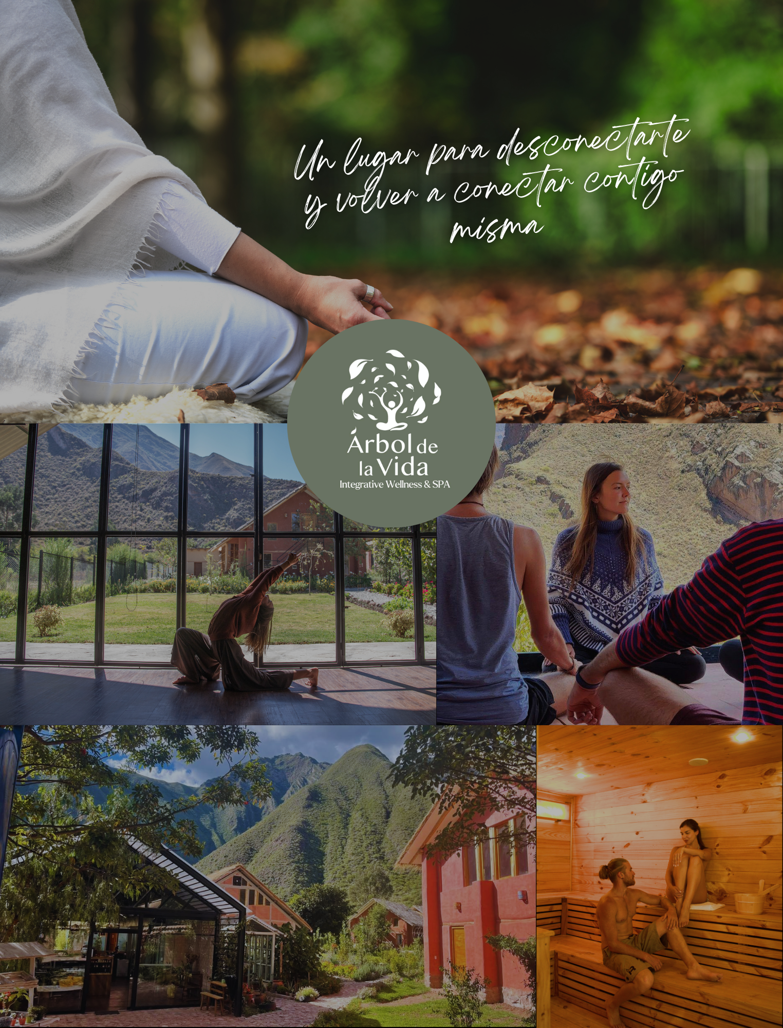 Collage de imágenes de un centro de bienestar que promueve la reconexión personal a través del yoga, meditación y naturaleza en un entorno montañoso y spa.