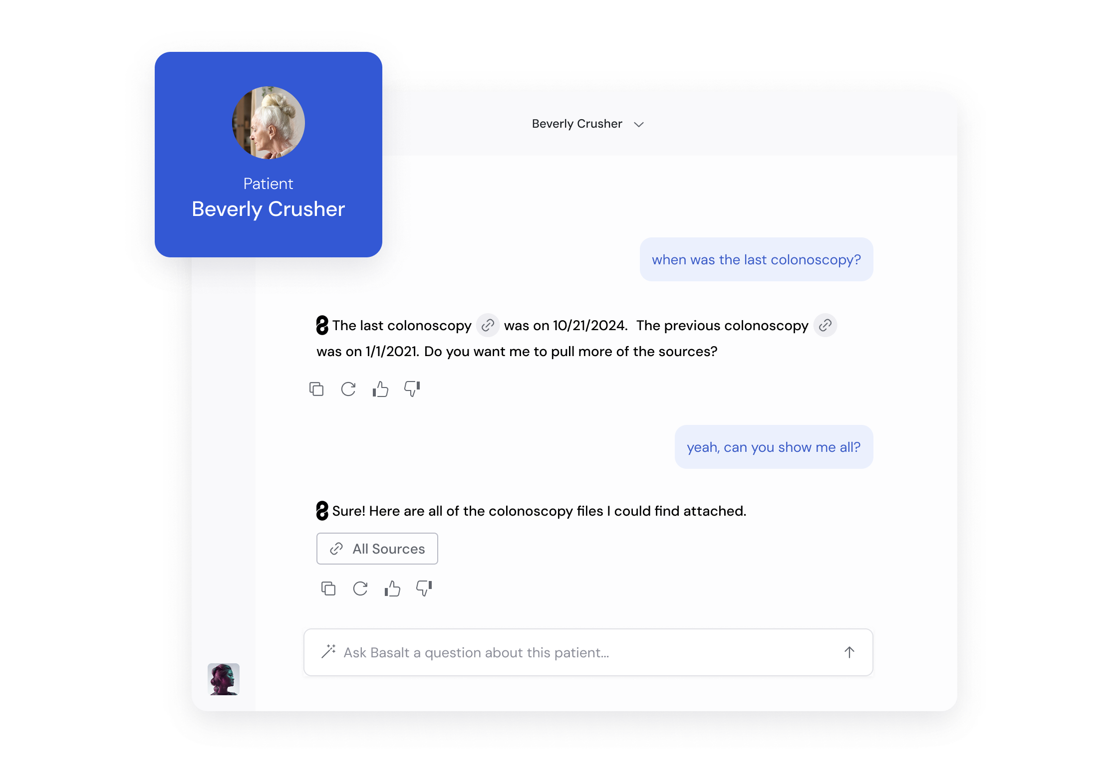 Screenshot of a medical consultation chatbot interface with a patient named Beverly Crusher. The chat includes messages about the date of the last colonoscopy and attached colonoscopy files.