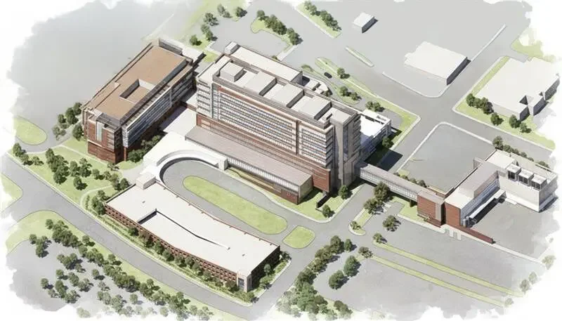 Aerial rendering of the Bayhealth Kent campus expansion in Dover, Delaware, with the new patient tower