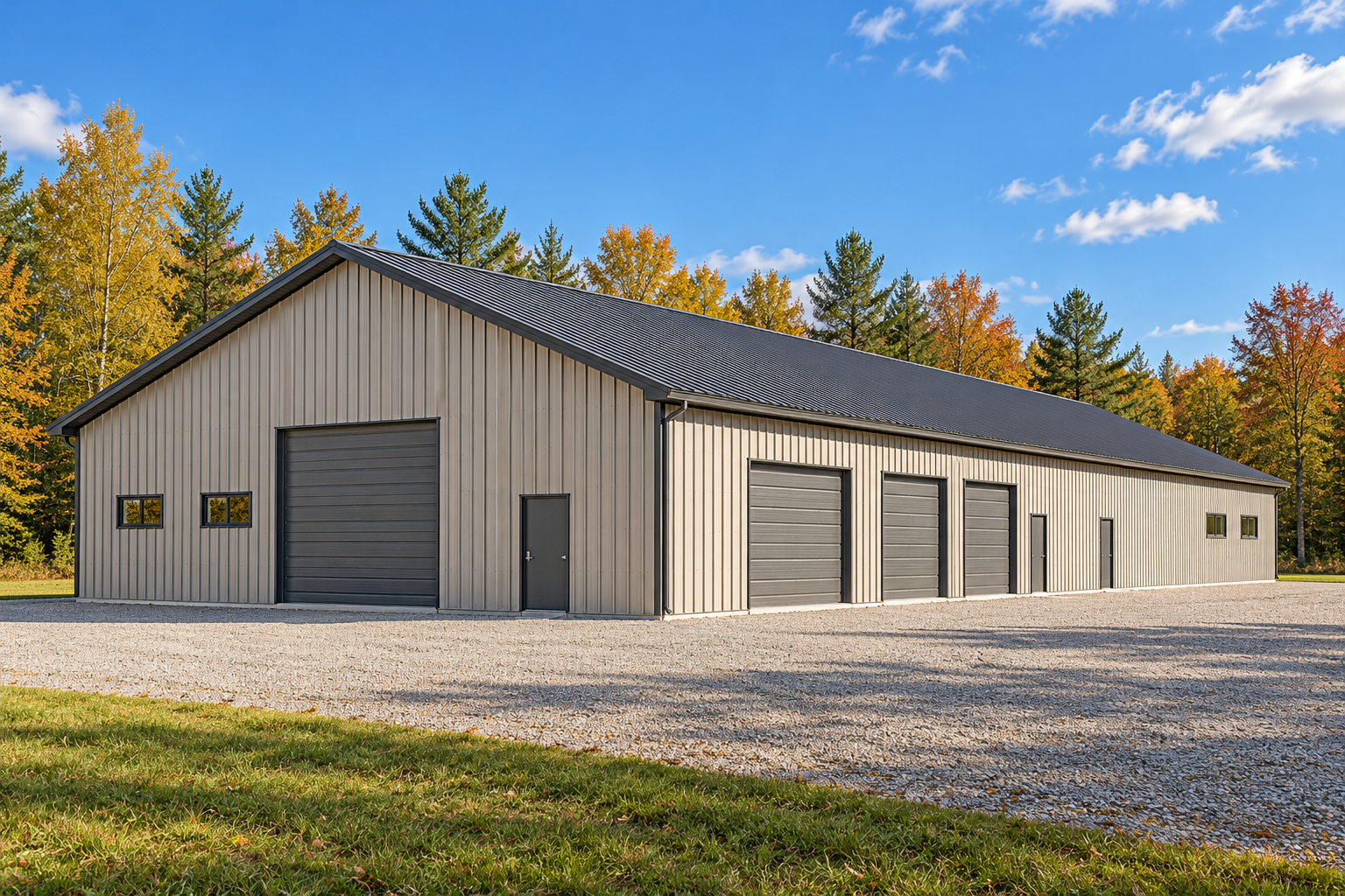 Rendering of a steel-sided post-frame barn with overhead doors against fall foliage