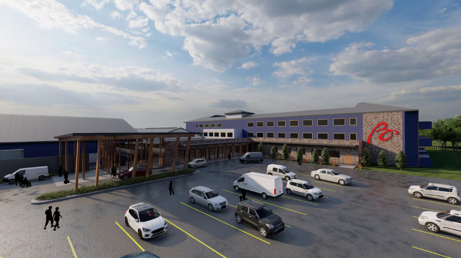 Rendering of the Bay Mills Resort and Hotel expansion entrance with porte-cochere in Brimley, Michigan