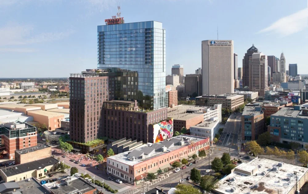 Aerial view of the Merchant Building and downtown Columbus, Ohio skyline