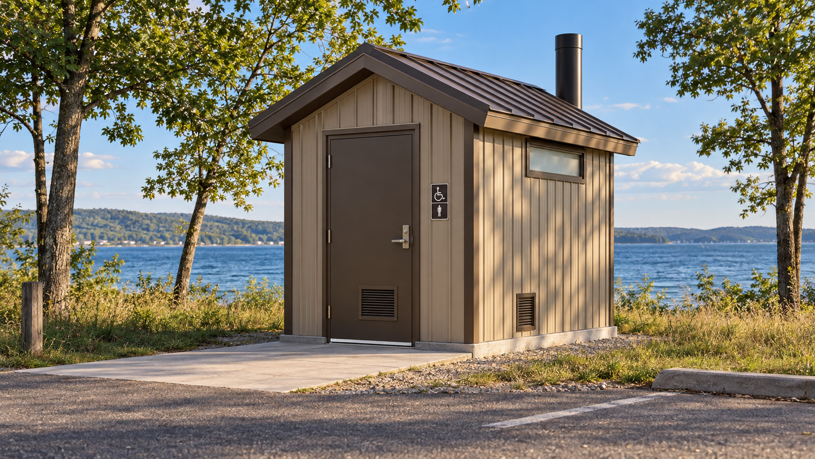 Vault toilet building at a Michigan DNR boating access site on Grand Traverse Bay
