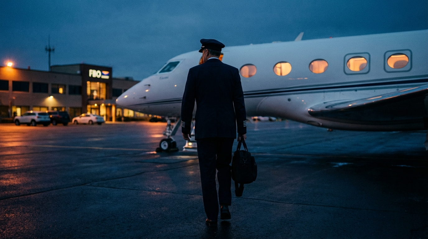 Pilot walking to private jet on tarmac